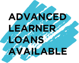 The words 'Advanced Learner Loans Available' displayed on top of a blue splodge.