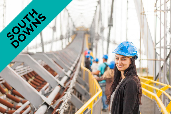 a woman wearing a hard hat on a structure