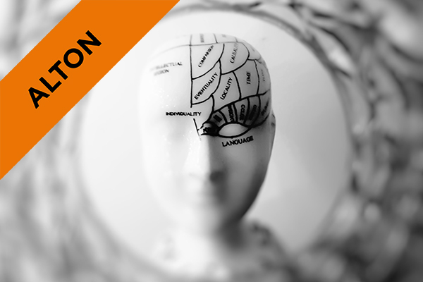 a model of the human head with parts of the brain labelled