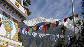 bunting with mountains in the background