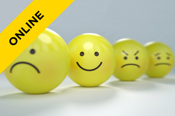 a range of emotions on yellow balls including happy, sad, angry and worried