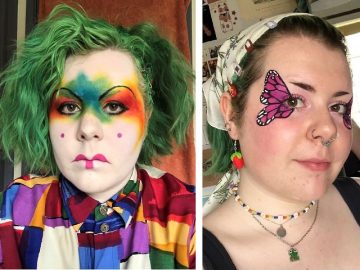 Two photos of Lily Slade with colourful orange and green makeup on left and butterfly makeup on right