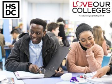 Two students studying with the HSDC and Love Our Colleges logo