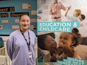 Lottie stood with Education & Childcare banner