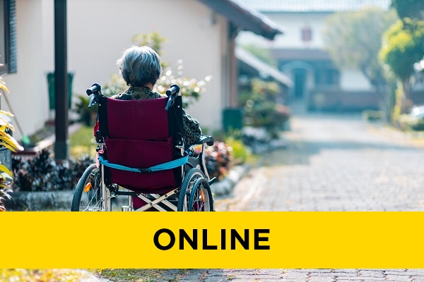 an elderly person sitting in a wheelchair looking into the distance