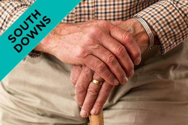 closeup of an elderly person's hands holding a walking stick