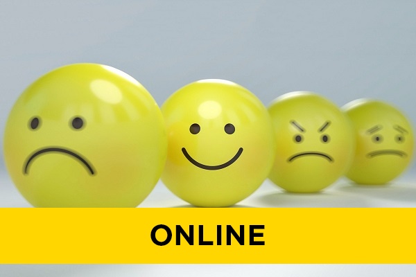 A range of emotions on yellow balls including happy, sad, angry and worried