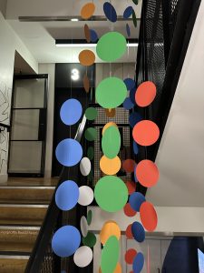 Paper art on a staircase.