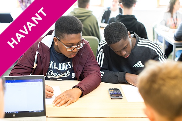 two students working together with a calculator