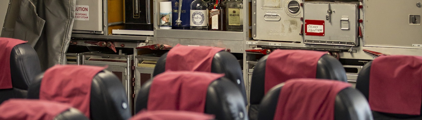 close-up of the seats and storage of our mock aircraft in the Aviation Suite at South Downs campus.