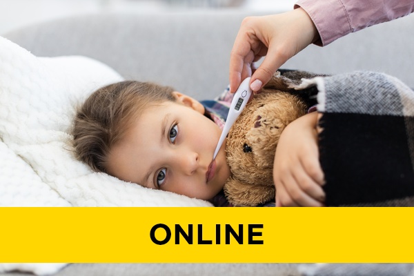 A sick child in bed with a teddy bear and thermometer.