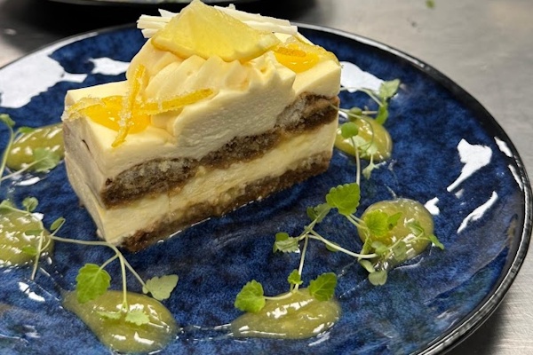 Elegant lemon cheesecake dessert plated with citrus garnish and fruit coulis.