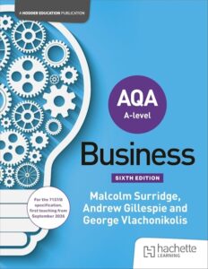 The AQA 2026 Business Textbook by Malcolm Surridge, Andre Gillespie and George Vlachonikolis. It has a blue front cover with a graphic of a lightbulb filled with gears.