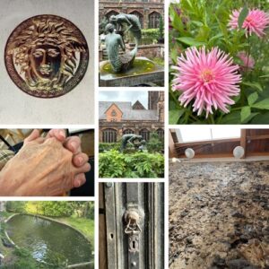 A collection of images for inspiration in the Fashion & Textiles Getting Ahead Work. From the top left: A gold engraving of a Greek figure's head, a fountain showing two figures kissing connected at the bottom like mermaids or a longboat, pink flowers, a pair of hands clasped together, a pond, an old lock and keyhole in a door, and a ground filled with a wet looking stone texture.